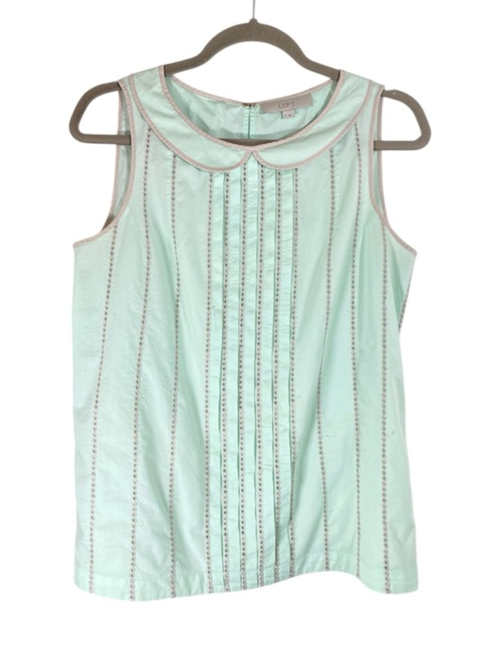 LOFT Mint Green Sleeveless Blouse Eyelet Trim Peter Pan Collar S
